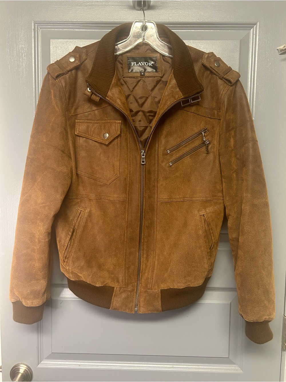 FLAVOR men’s Brown Sueded leather motorcycle style jacket. Stand collar size Sm